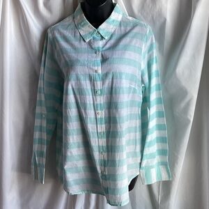 Coldwater Creek Aqua and White Striped Button Down Shirt